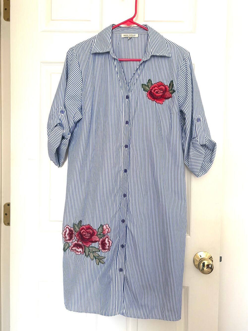 Vintage Shirt Dress Speed Control Y2K Striped Embroidered Roses Tunic Size XL